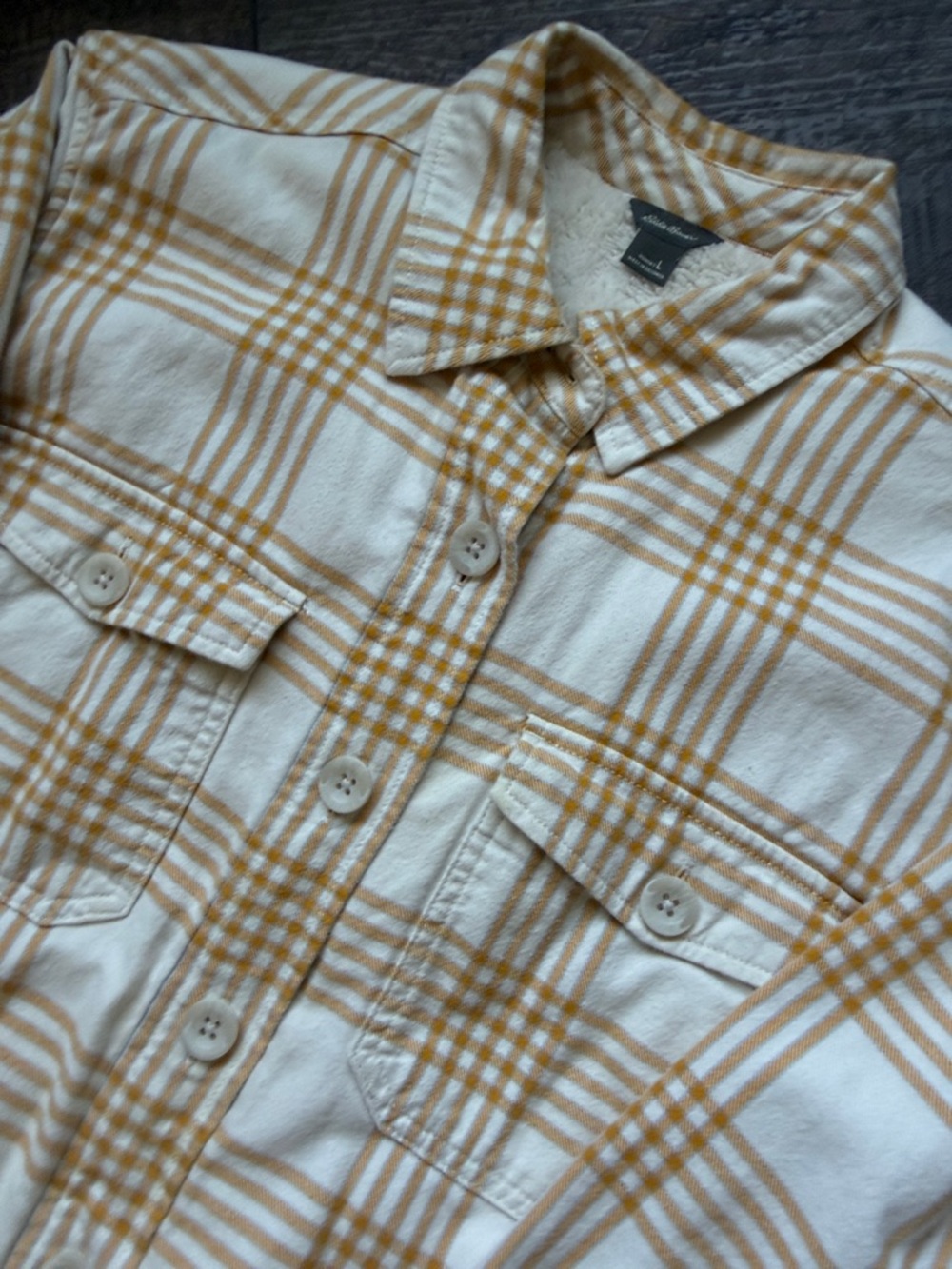 Eddie Bauer White and Mustard Plaid Sherpa-Lined Shirt Jacket - Picture 3 of 5